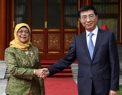 王沪宁会见新加坡总统哈莉玛 